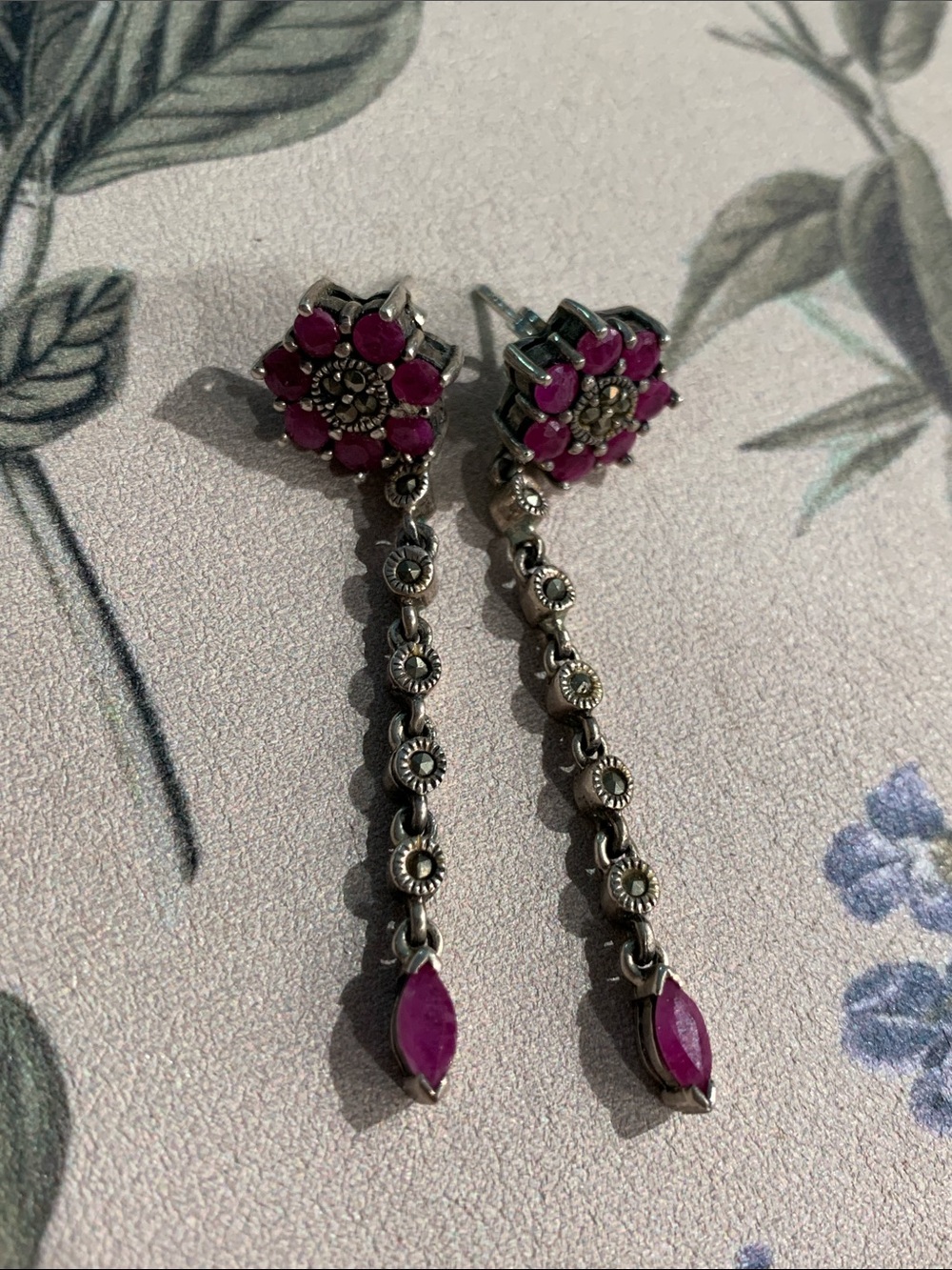 Ruby and sterling silver dangle earrings